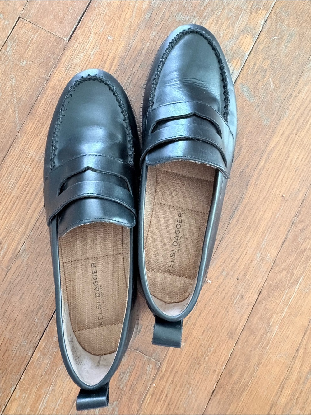 Kelsi Dagger Black Leather Penny Loafers